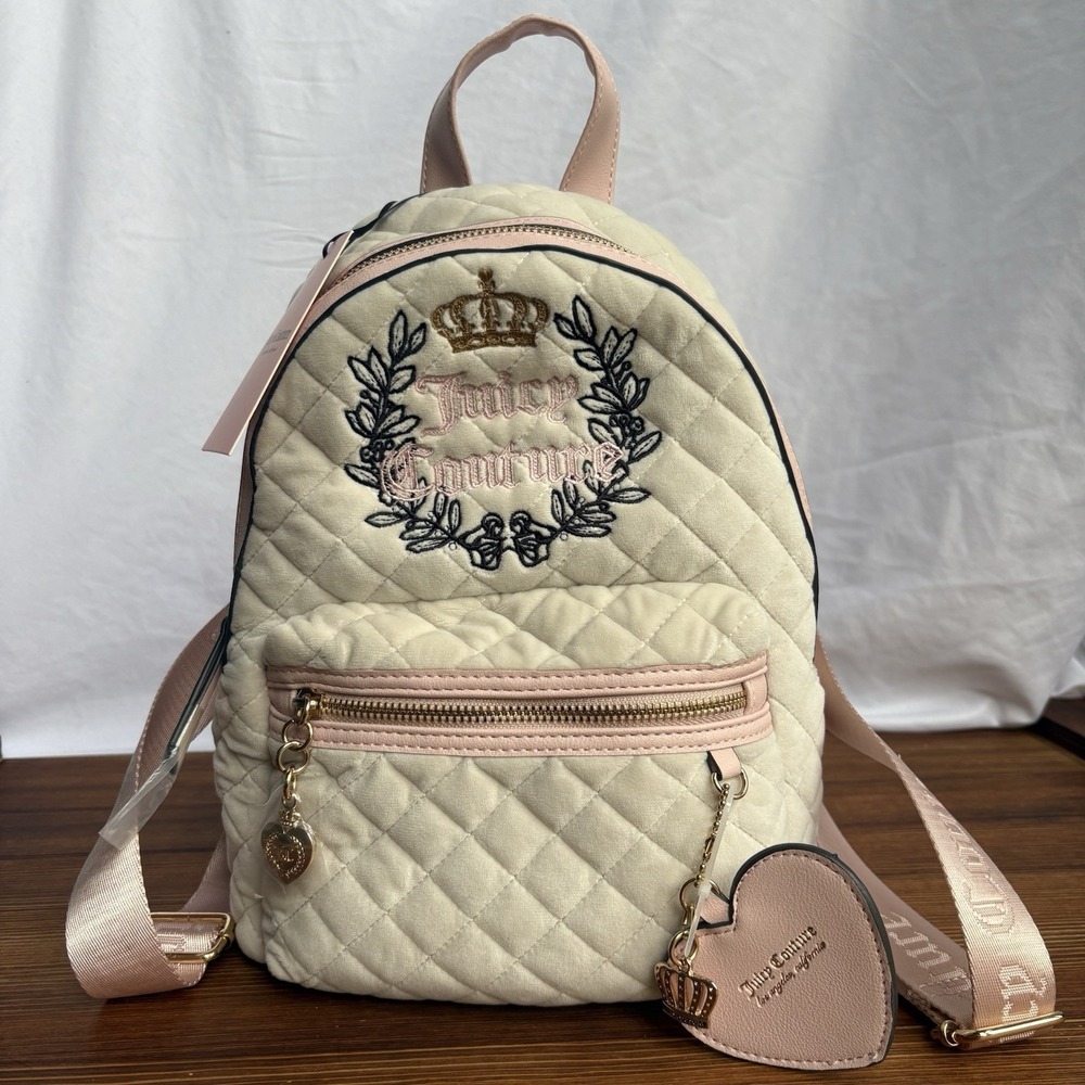 Juicy Couture Mini Backpack‎ Cream Pink Velvet Quilted Crown Logo New With Tags